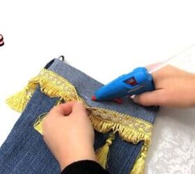 how to make a purse out of jeans in 4 super cute and easy ways, Adding gold fringe
