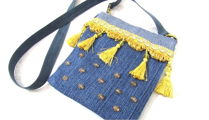 how to make a purse out of jeans in 4 super cute and easy ways, DIY gold tassel denim purse