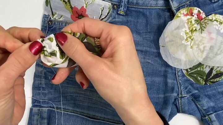 fun upcycle tutorial how to embroider old jeans, Creating a flower detail