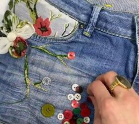 fun upcycle tutorial how to embroider old jeans, Imperfections covered with embroidery