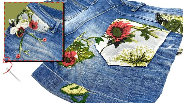 fun upcycle tutorial how to embroider old jeans, Completed embroidered jeans DIY