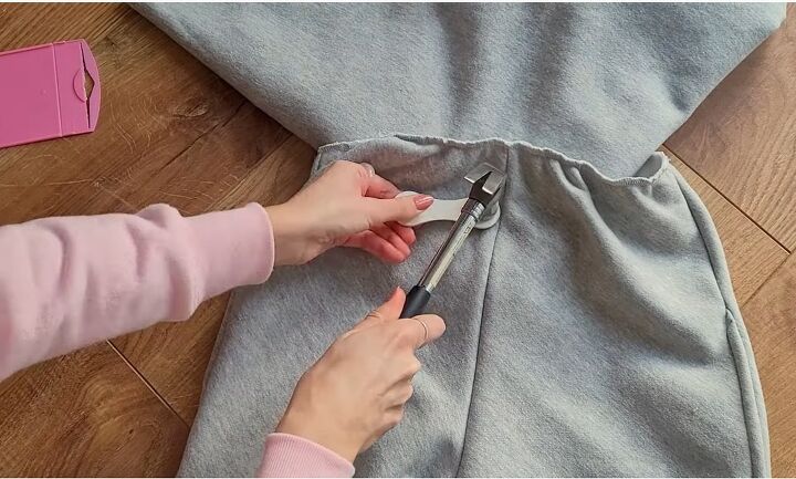 how to diy cute and comfy wide leg joggers, Attaching the eyelets