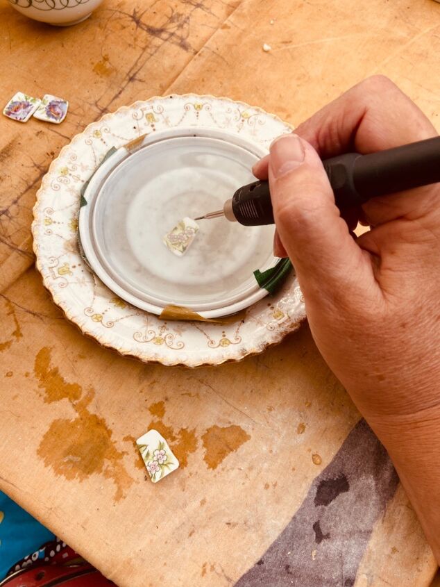 how to make a gorgeous pair of ceramic earrings from old broken mug, Drill hole