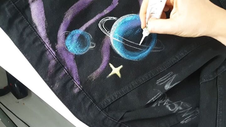 custom painting tutorial create an awesome 80s denim jacket, Adding detail to DIY 80s jacket