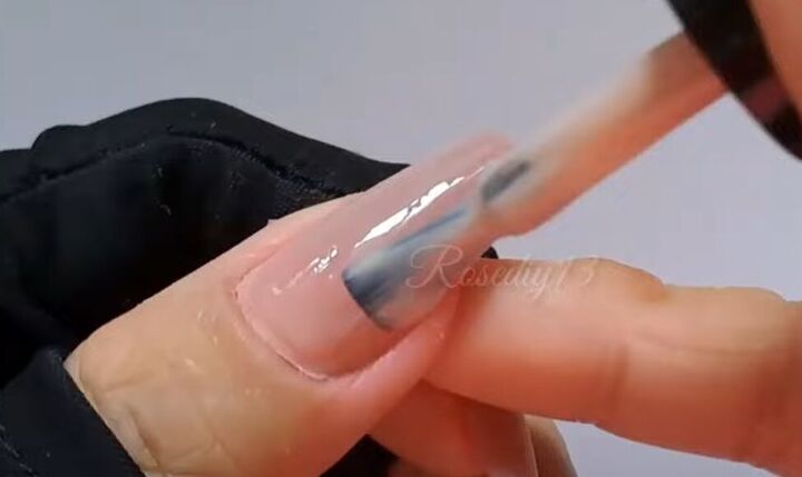4 step gel nude and orange nails tutorial, Applying first gel coat