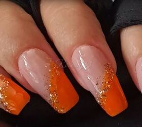4 step gel nude and orange nails tutorial, DIY nude and orange nails