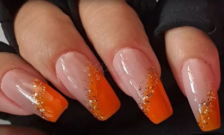 4 step gel nude and orange nails tutorial, DIY nude and orange nails