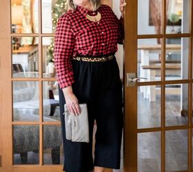 how to wear a buffalo plaid flannel shirt to a holiday cocktail party, Buffalo Plaid Flannel Shirt Black Paperbag waist pants leopard belt and royal blue pointed toe pumps How to wear buffalo plaid pants to a cocktail party plussizefashion partystyleforplussizewomen