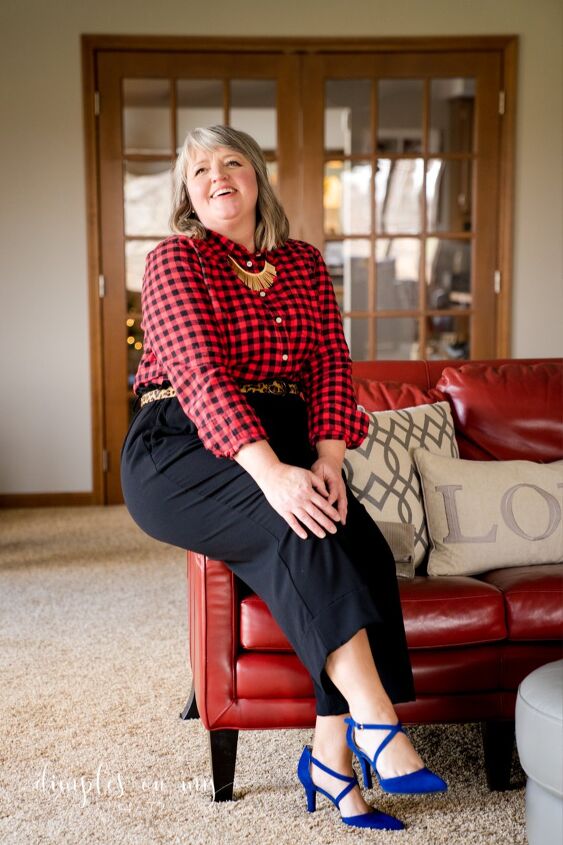 how to wear a buffalo plaid flannel shirt to a holiday cocktail party, Buffalo Plaid Flannel Shirt Black Paperbag waist pants leopard belt and royal blue pointed toe pumps How to wear buffalo plaid pants to a cocktail party plussizefashion partystyleforplussizewomen