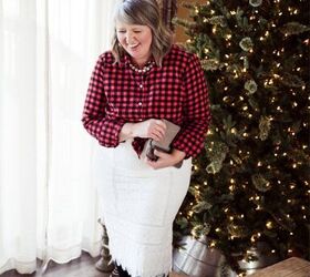 how to wear a buffalo plaid flannel shirt to a holiday cocktail party, Buffalo plaid flannel shirt white lace pencil skirt and black knee boots Holiday party outfit with buffalo plaid shirt How to style a buffalo plaid flannel shirt for a party plussizefashion fashionforcurvywomenover40