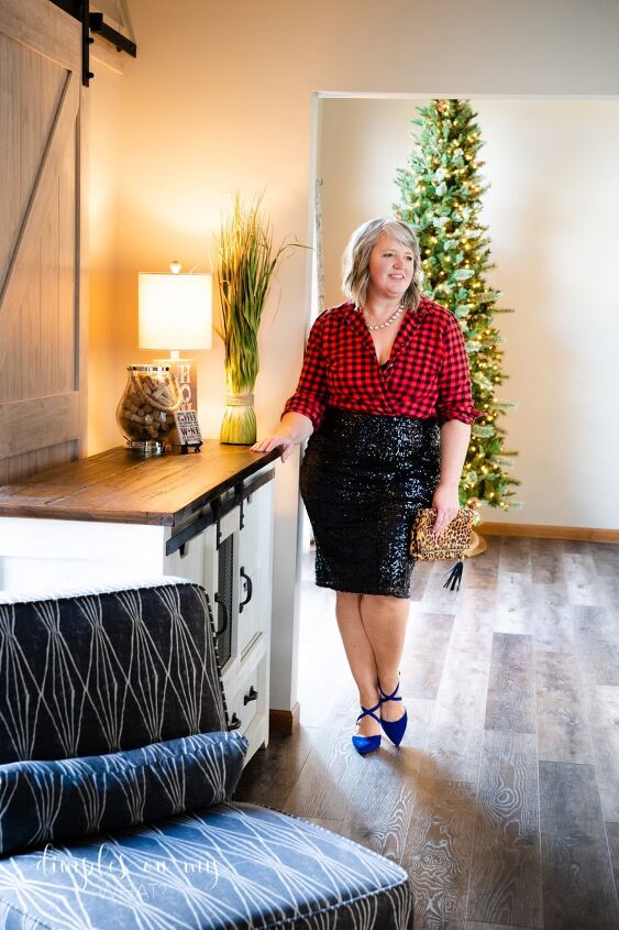 how to wear a buffalo plaid flannel shirt to a holiday cocktail party, Black sequin pencil skirt buffalo plaid flannel shirt blue pointed toe pumps and leopard print clutch Holiday party style with a flannel shirt How to style one flannel shirt into three party looks holidaypartystyle partyfashionforplussizewomen fashionforwomenover50 partystyleforwomenover40