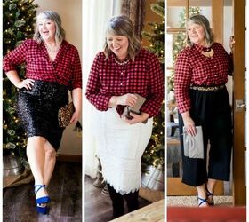 how to wear a buffalo plaid flannel shirt to a holiday cocktail party, One flannel buffalo plaid shirt styled for THREE party looks plussizefashion partyfashionforwomenover50 holidaypartystyle