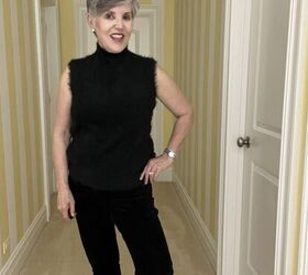 three casual date night outfits, Here is the first of three casual date night outfits I am wearing a black fuzzy sleeveless top over black velvet jeans and grey suede booties My accessories are faux diamond stud earrings a stainless steel watch and bracelet