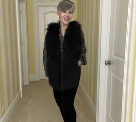 three casual date night outfits, In this second casual date night outfit I am wearing a black print blouse under a faux fur vest with black velvet jeans and grey booties The blouse has multiple colors in the vest including cream mustard burgundy and blue