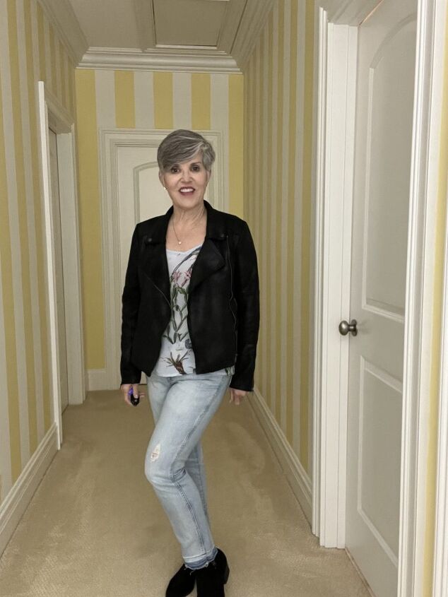 three casual date night outfits, In this third casual date night look I paired a satiny pale blue camisole with a black faux moto jacket and distressed jeans I added a pave silver heart necklace to fill in the neckline This is a full view where you can see my black booties