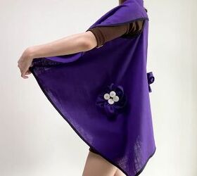 how to make a beautiful poncho with flower details, Trying on DIY poncho