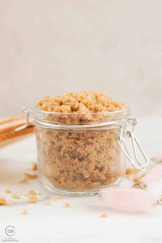 diy lavender body wash recipe, homemade brown sugar face scrub in a glass jar with a wood lid