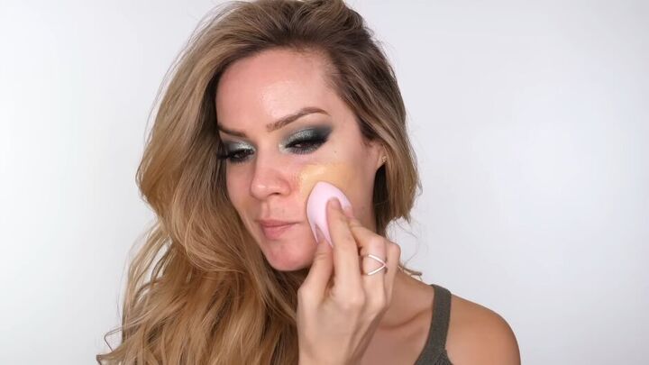 glitter green eye makeup tutorial, Applying foundation