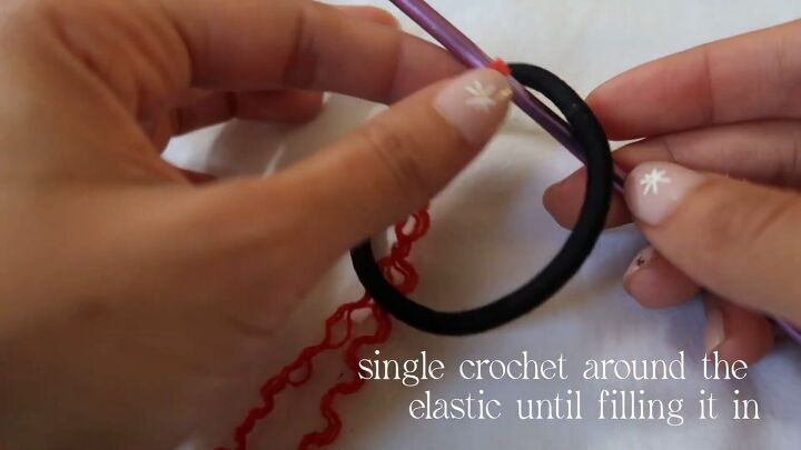 fun crochet hair scrunchie tutorial, Crochet around the elastic