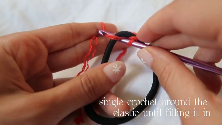 fun crochet hair scrunchie tutorial, Crochet around the elastic