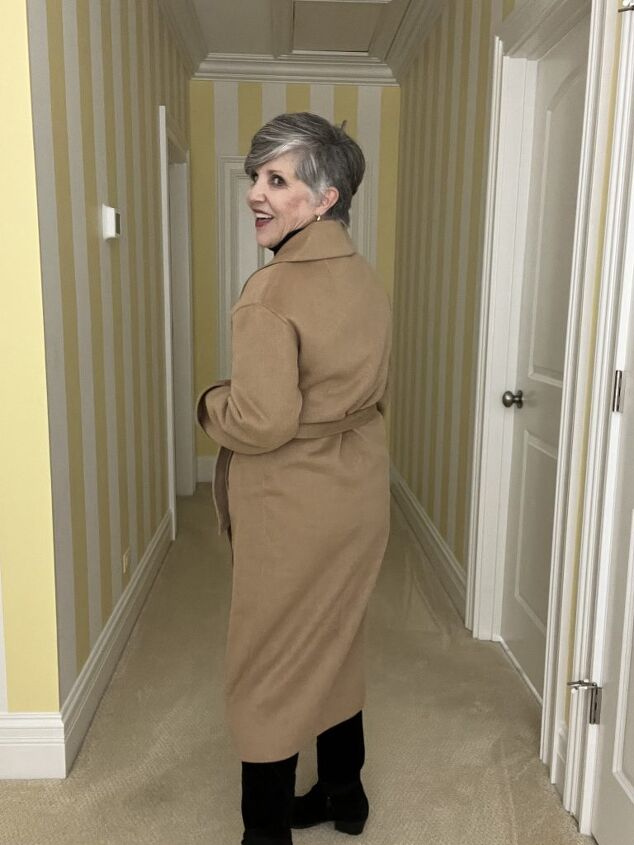 check out these two talbots coats and one from the gap, Here is the Gap tan double faced wool wrap coat with a belt It has two rows of horn buttons The view is from the rear I am wearing a black ribbed turtleneck and and black velvet jeans