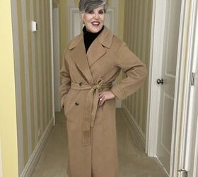 check out these two talbots coats and one from the gap, Here is the Gap tan double faced wool wrap coat with a belt It has two rows of horn buttons This is a front view with the coat wrapped and tied closed I am wearing a black ribbed turtleneck and and black velvet jeans