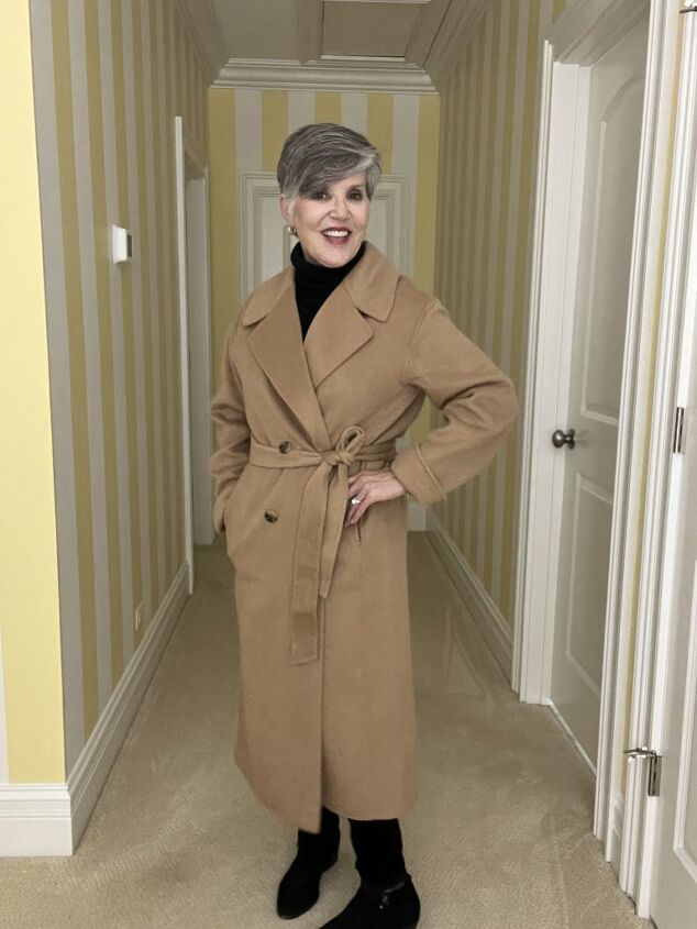 check out these two talbots coats and one from the gap, Here is the Gap tan double faced wool wrap coat with a belt It has two rows of horn buttons This is a front view with the coat wrapped and tied closed I am wearing a black ribbed turtleneck and and black velvet jeans