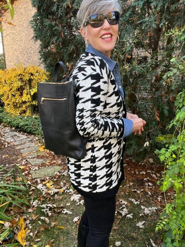 how to style a houndstooth cardigan four ways, Here I am in the houndstooth cardigan with a denim shirt underneath I have a black leather backpack as well as silver pave hoop earrings My pants are black faux suede leggings and my boots are black leather riding boots