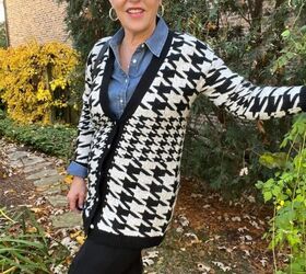 how to style a houndstooth cardigan four ways, Here I am in the houndstooth cardigan with a denim shirt underneath I have a black leather backpack as well as silver pave hoop earrings My pants are black faux suede leggings and my boots are black leather riding boots