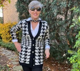 how to style a houndstooth cardigan four ways, Here is the black and white houndstooth cardigan with a perfect white button down shirt black faux suede leggings and short booties I added a black and light ivory houndstooth silk neck kerchief for more style