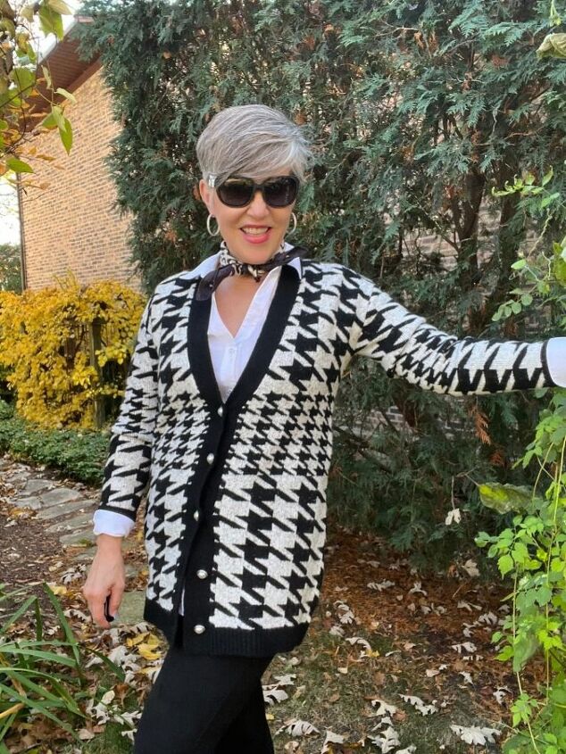 how to style a houndstooth cardigan four ways, Here is the black and white houndstooth cardigan with a perfect white button down shirt black faux suede leggings and short booties I added a black and light ivory houndstooth silk neck kerchief for more style