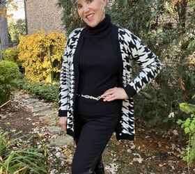 how to style a houndstooth cardigan four ways, Here is the black and white houndstooth cardigan with a black ribbed turtleneck black jeans black booties and a dainty silver chain link belt