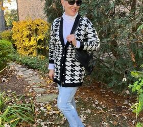 how to style a houndstooth cardigan four ways, Here is the black and white houndstooth cardigan with a white cotton turtleneck underneath Then the pants are vintage light blue J Crew jeans My backpack is a black leather backpack by Evereve