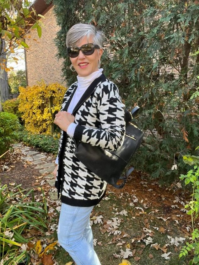 how to style a houndstooth cardigan four ways, Here is the black and white houndstooth cardigan with a white cotton turtleneck underneath Then the pants are vintage light blue J Crew jeans My backpack is a black leather backpack by Evereve