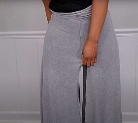super easy upcycle how to diy comfy pants from an old maxi skirt, Trying on pants