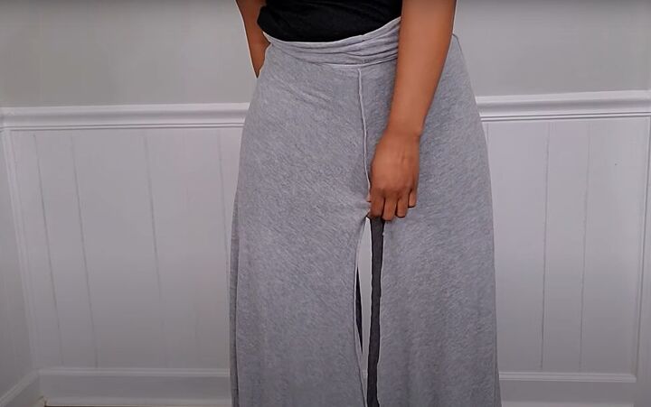 super easy upcycle how to diy comfy pants from an old maxi skirt, Trying on pants