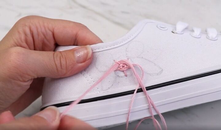 how to do super cute rose embroidery on canvas shoes, Sewing a rose