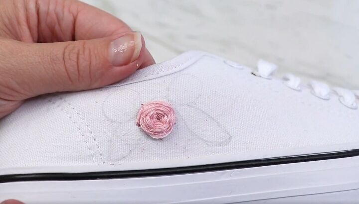 how to do super cute rose embroidery on canvas shoes, Embroidered rose