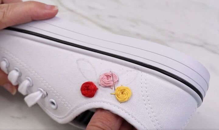 how to do super cute rose embroidery on canvas shoes, Embroidered roses