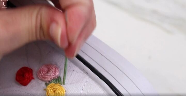 how to do super cute rose embroidery on canvas shoes, Stitching the leaves