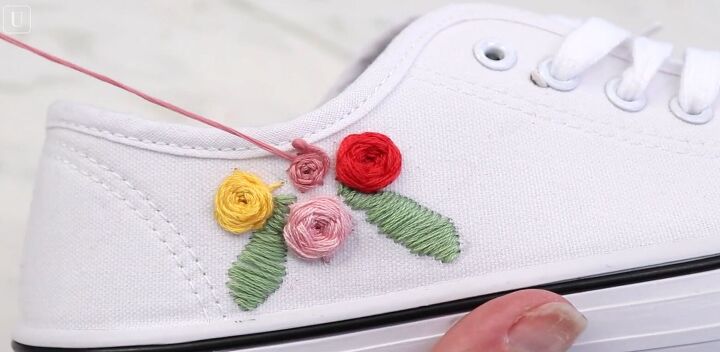 how to do super cute rose embroidery on canvas shoes, Sewing roses