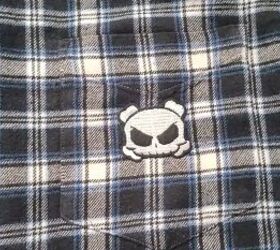 how to upcycle an old plaid shirt into a cute ruffle top, Patch covering logo