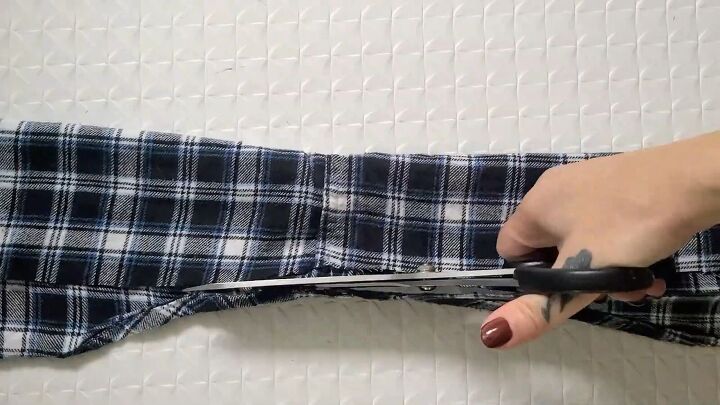 how to upcycle an old plaid shirt into a cute ruffle top, Cutting curved edge