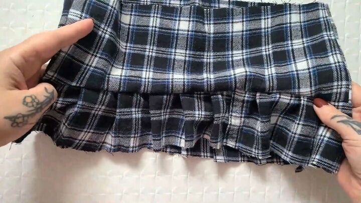 how to upcycle an old plaid shirt into a cute ruffle top, Right side out view
