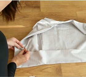 upcycle tutorial make a plunge neckline blouse from old sheets, Pinning the bodice on the waistband