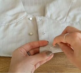 upcycle tutorial make a plunge neckline blouse from old sheets, Adding buttons