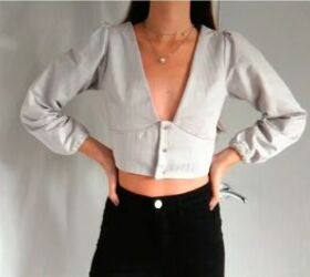 upcycle tutorial make a plunge neckline blouse from old sheets, Completed DIY plunge neckline blouse