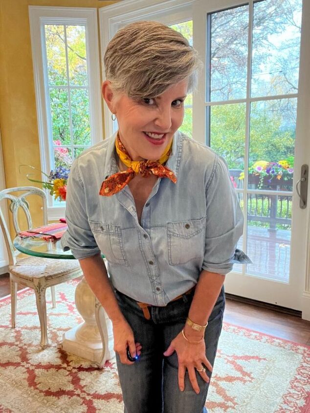 what to wear for thanksgiving, Here is what to wear for Thanksgiving I am wearing a denim shirt with medium wash jeans with a yellow belt and a darling yellow print scarf at my neck This closeup also shows my gold hoop earrings bracelet and watch