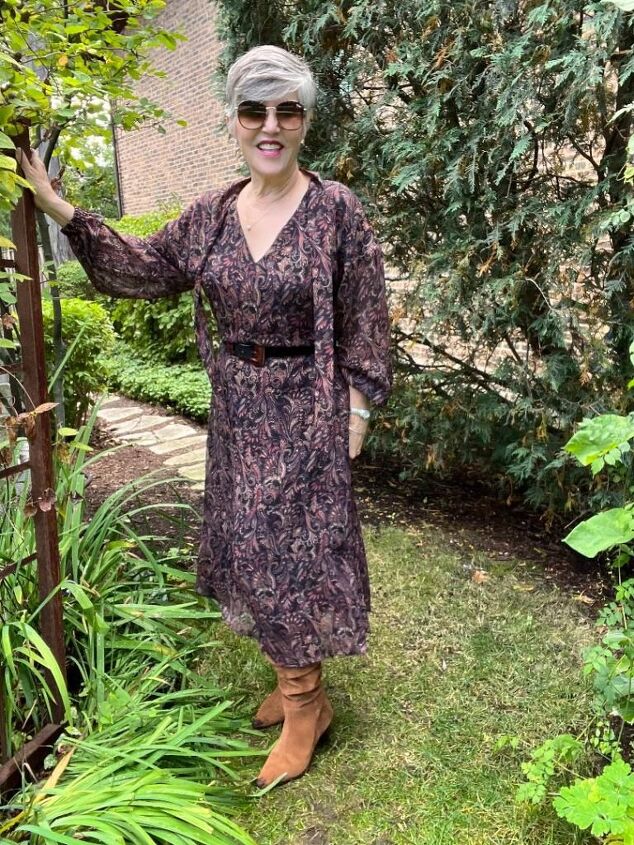 what to wear for thanksgiving, Here is a solution to what to wear for Thanksgiving I am spring an Evereve print dress with a pair of tan slouchy suede boot For jewelry I am wearing a pave heart necklace and a stainless steel Ebel watch