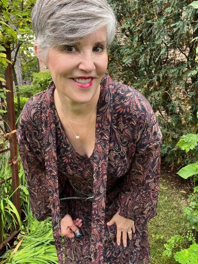 what to wear for thanksgiving, Here is a closeup of the dress outfit Here is a solution to what to wear for Thanksgiving I am spring an Evereve print dress with a pair of tan slouchy suede boot For jewelry I am wearing a pave heart necklace and a stainless steel Ebel watch